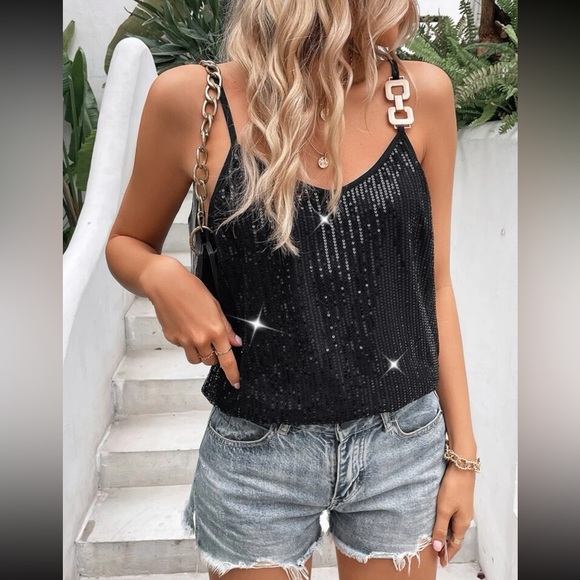 Tops - Luxe chain detail sequins cami top